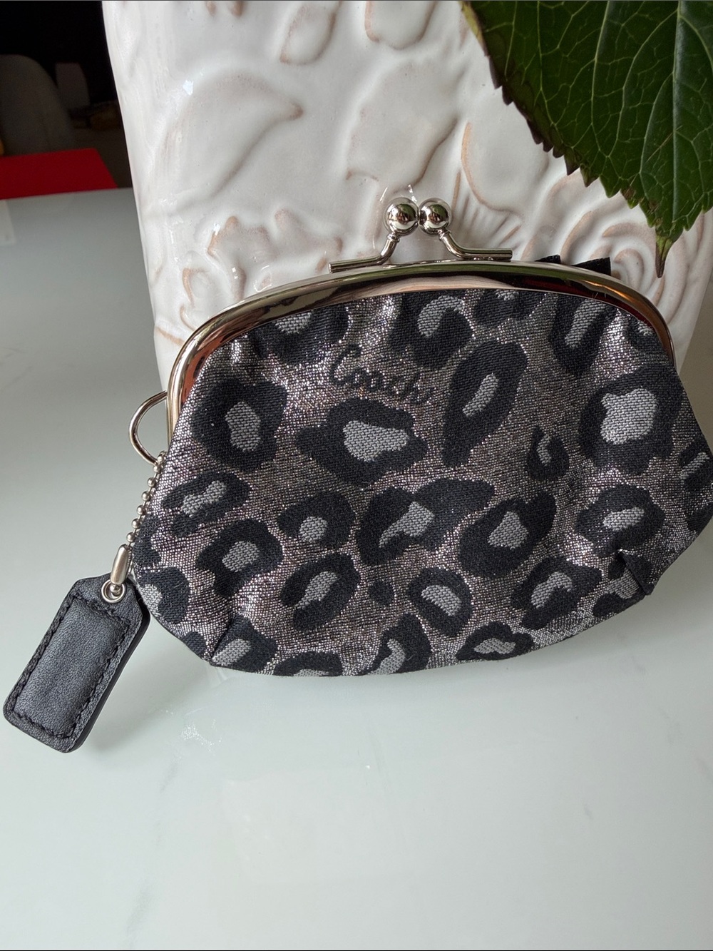 Coach Metallic Black Leopard Print Kiss-Lock Clutch with Bow - Picture 2 of 3